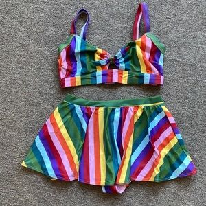 Rainbow striped skirt bikini by Collectif London, size 8-10